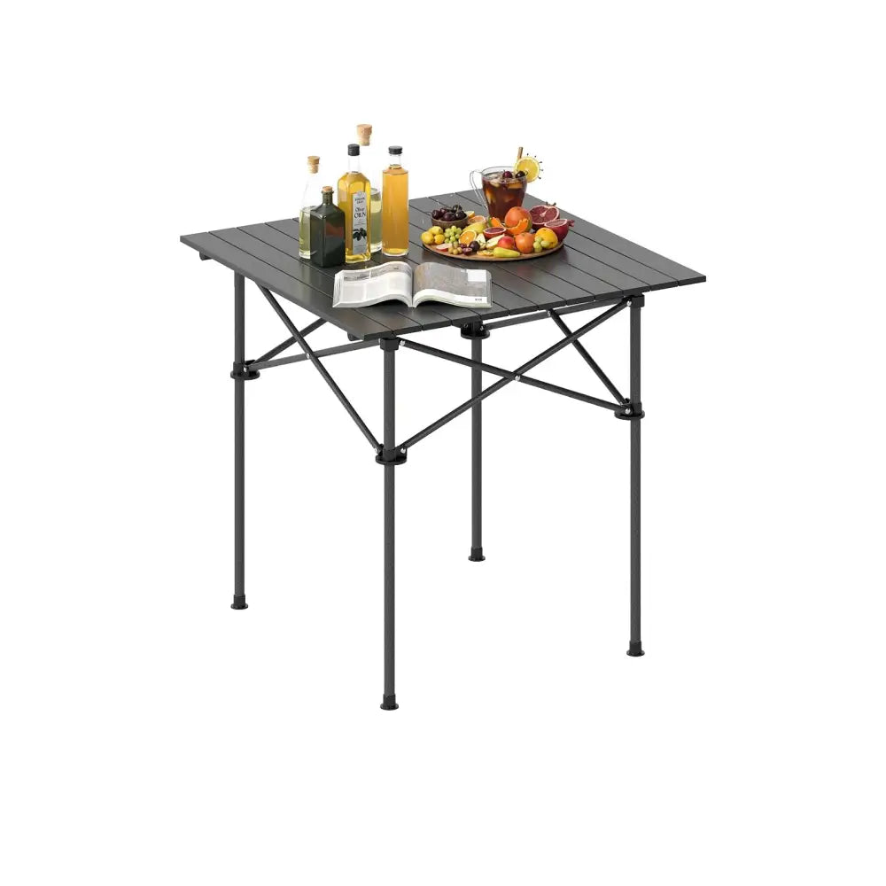 Folding Roll-up Camping Table with Metal Legs-Black - Black - Camping Furniture