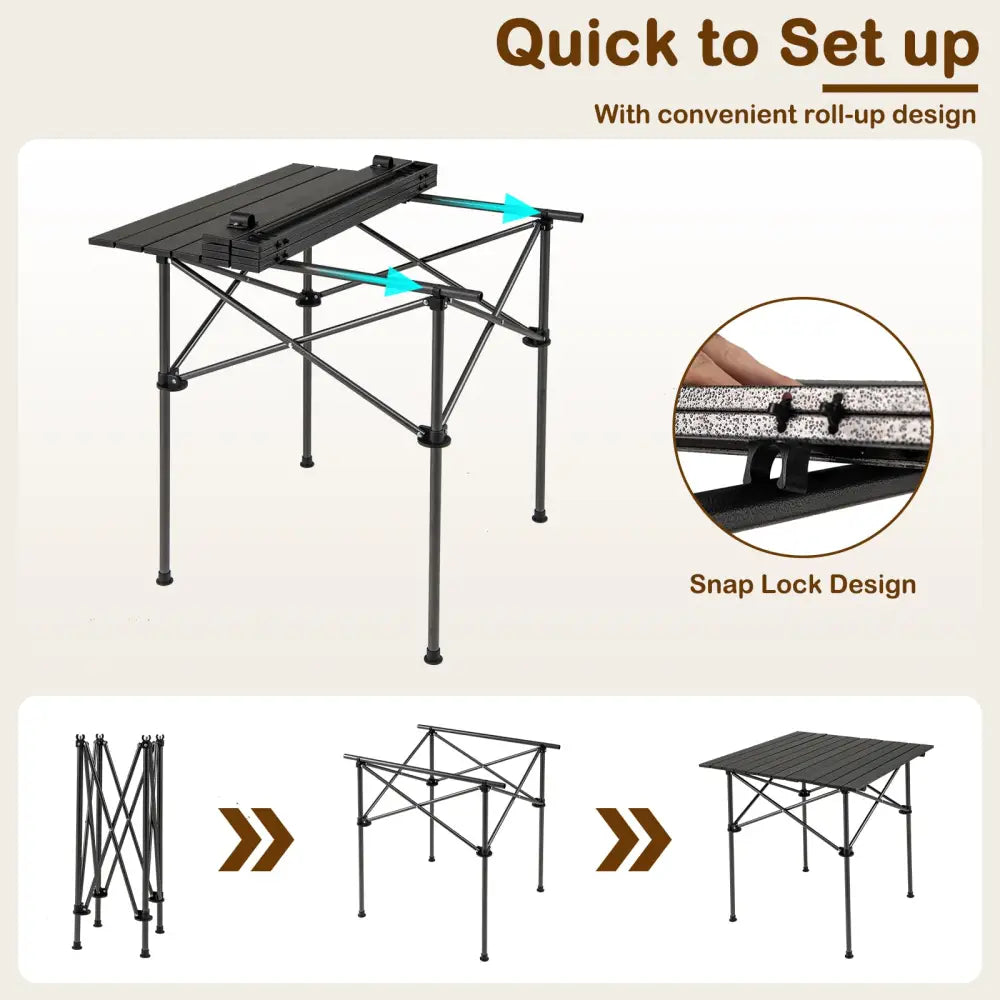 Folding Roll-up Camping Table with Metal Legs-Black - Black - Camping Furniture