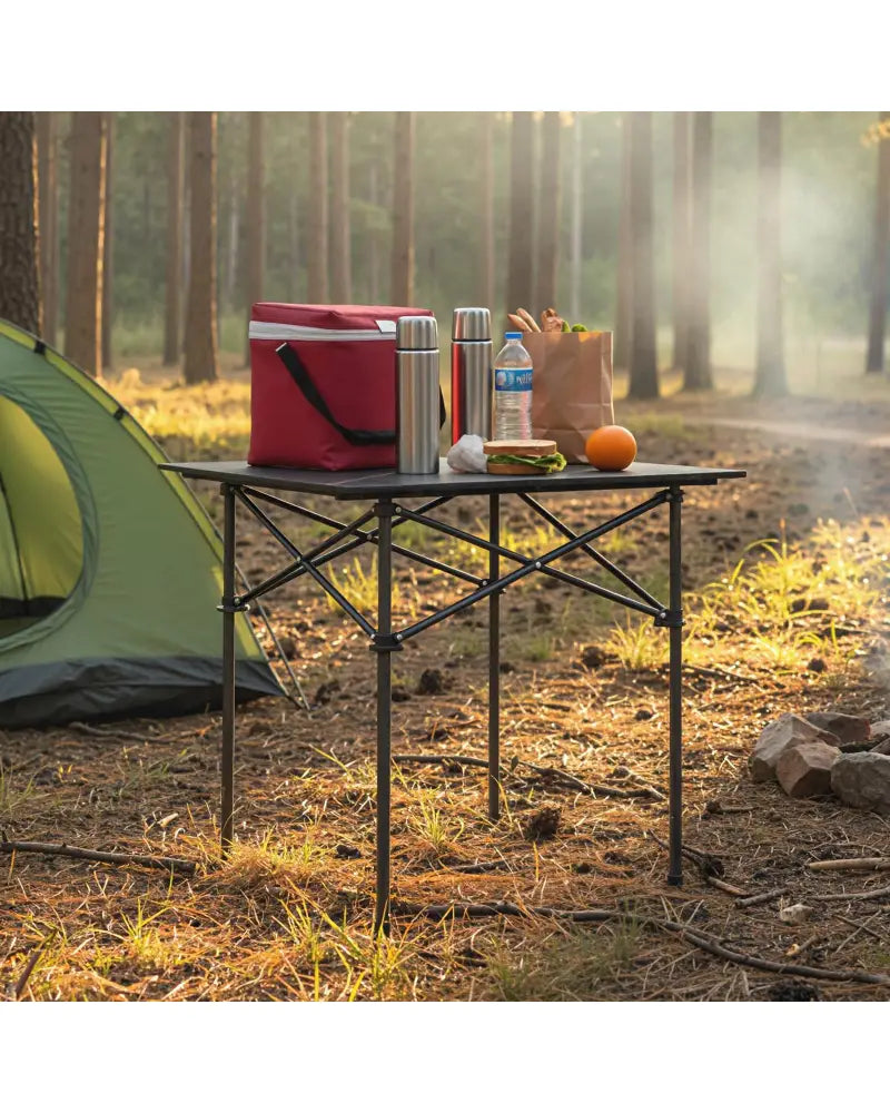 Folding Roll-up Camping Table with Metal Legs-Black - Black - Camping Furniture