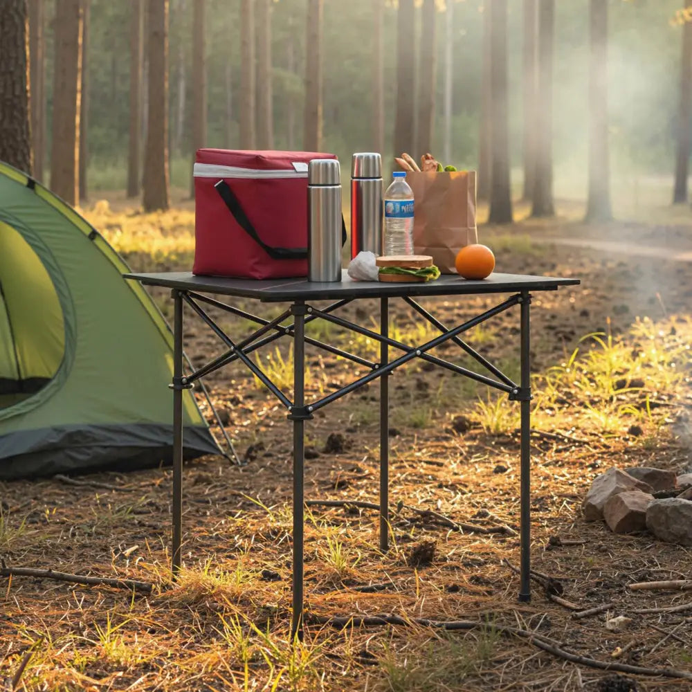 Folding Roll-up Camping Table with Metal Legs-Black - Black - Camping Furniture