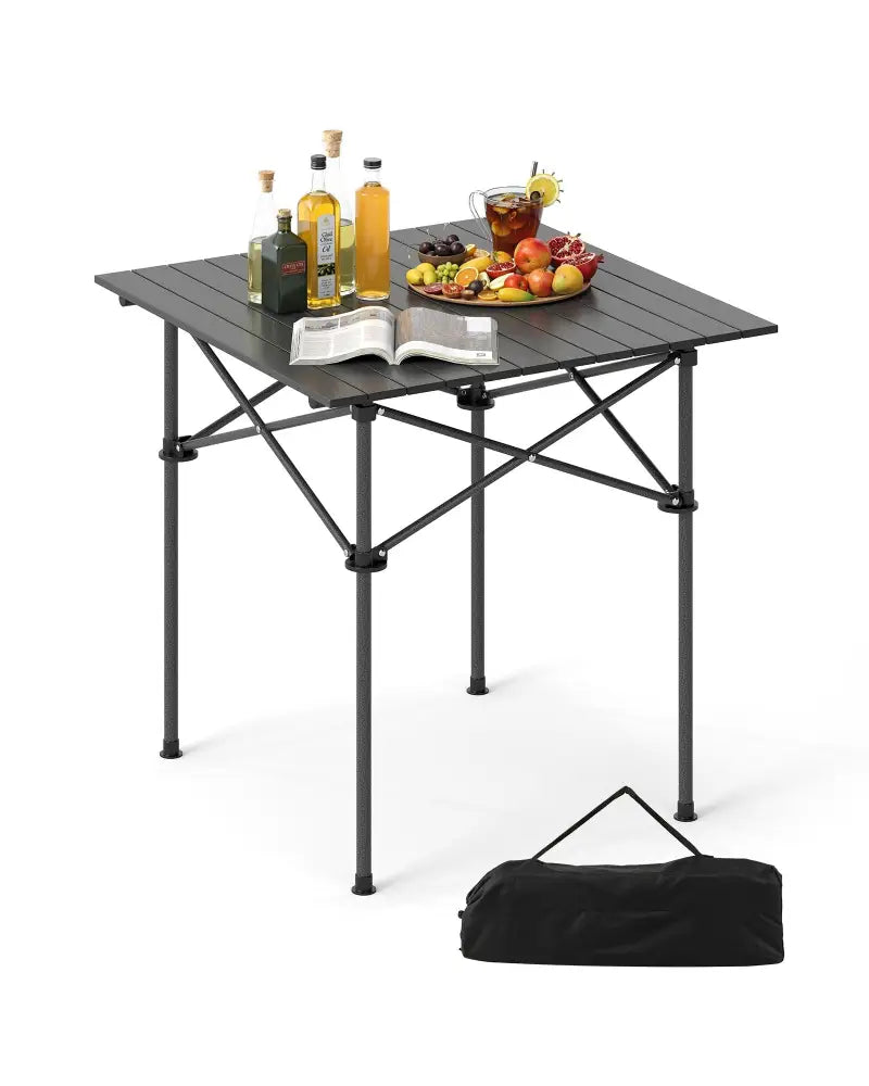 Folding Roll-up Camping Table with Metal Legs-Black - Black - Camping Furniture