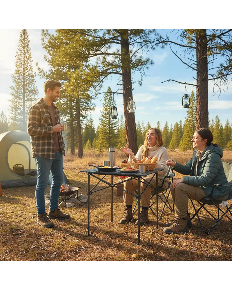 Folding Roll-up Camping Table with Metal Legs-Black - Black - Camping Furniture