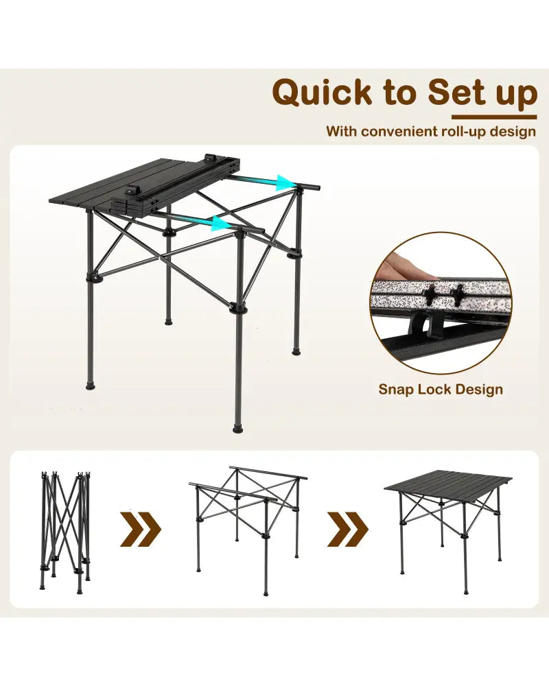 Folding Roll-up Camping Table with Metal Legs-Black - Black - Camping Furniture