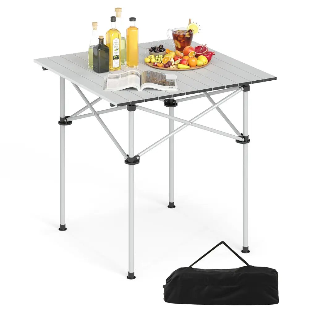 Folding Roll-up Camping Table with Metal Legs-Silver - Silver - Camping Furniture
