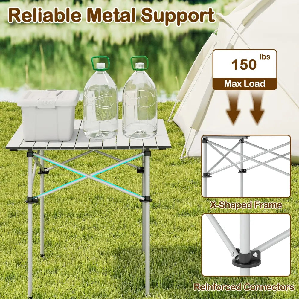 Folding Roll-up Camping Table with Metal Legs-Silver - Silver - Camping Furniture