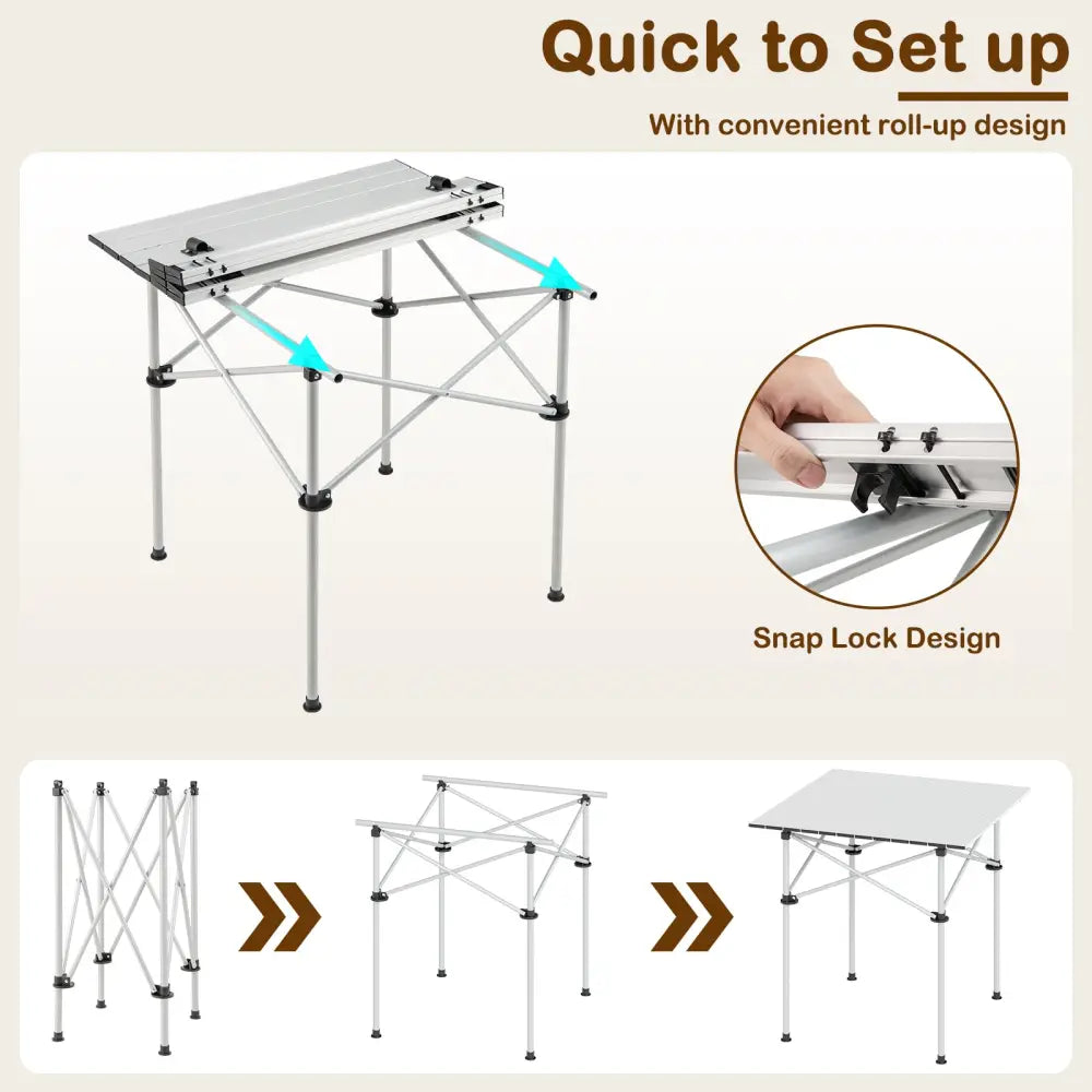 Folding Roll-up Camping Table with Metal Legs-Silver - Silver - Camping Furniture