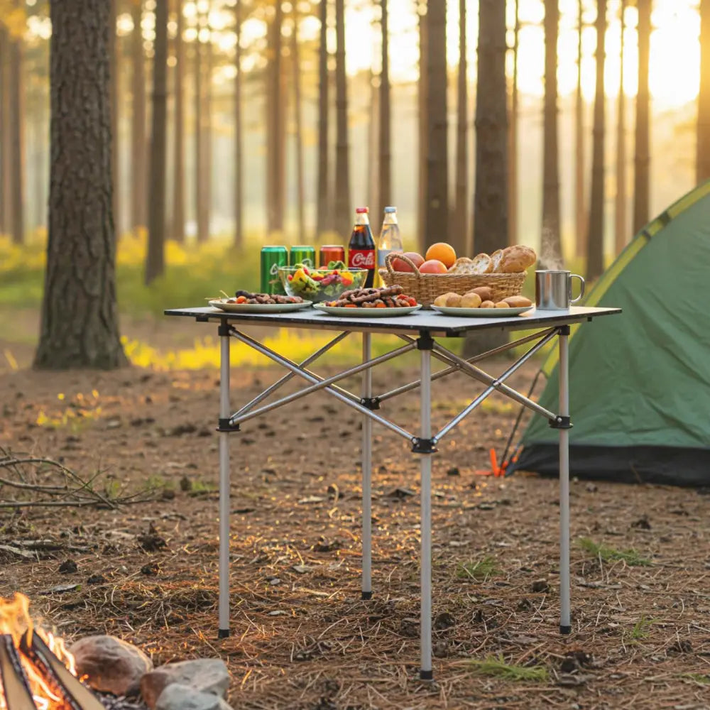 Folding Roll-up Camping Table with Metal Legs-Silver - Silver - Camping Furniture