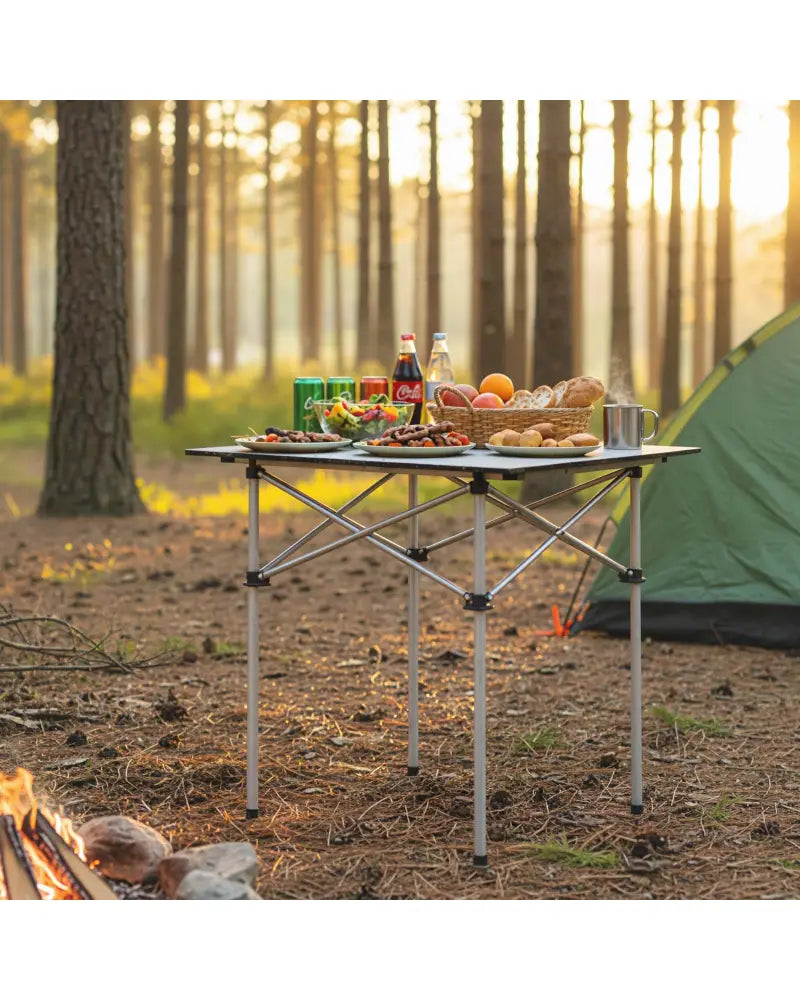 Folding Roll-up Camping Table with Metal Legs-Silver - Silver - Camping Furniture