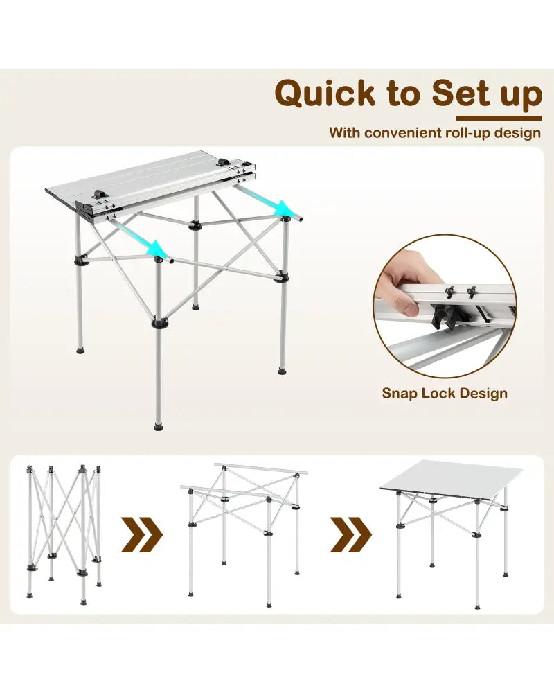 Folding Roll-up Camping Table with Metal Legs-Silver - Silver - Camping Furniture