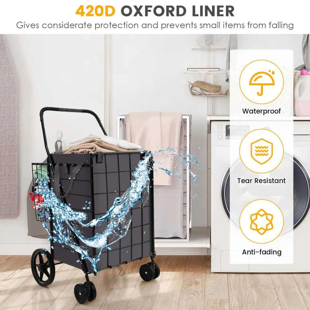 Folding Rolling Shopping Cart with Waterproof Liner and Basket-Black - Black - Kitchen Tools
