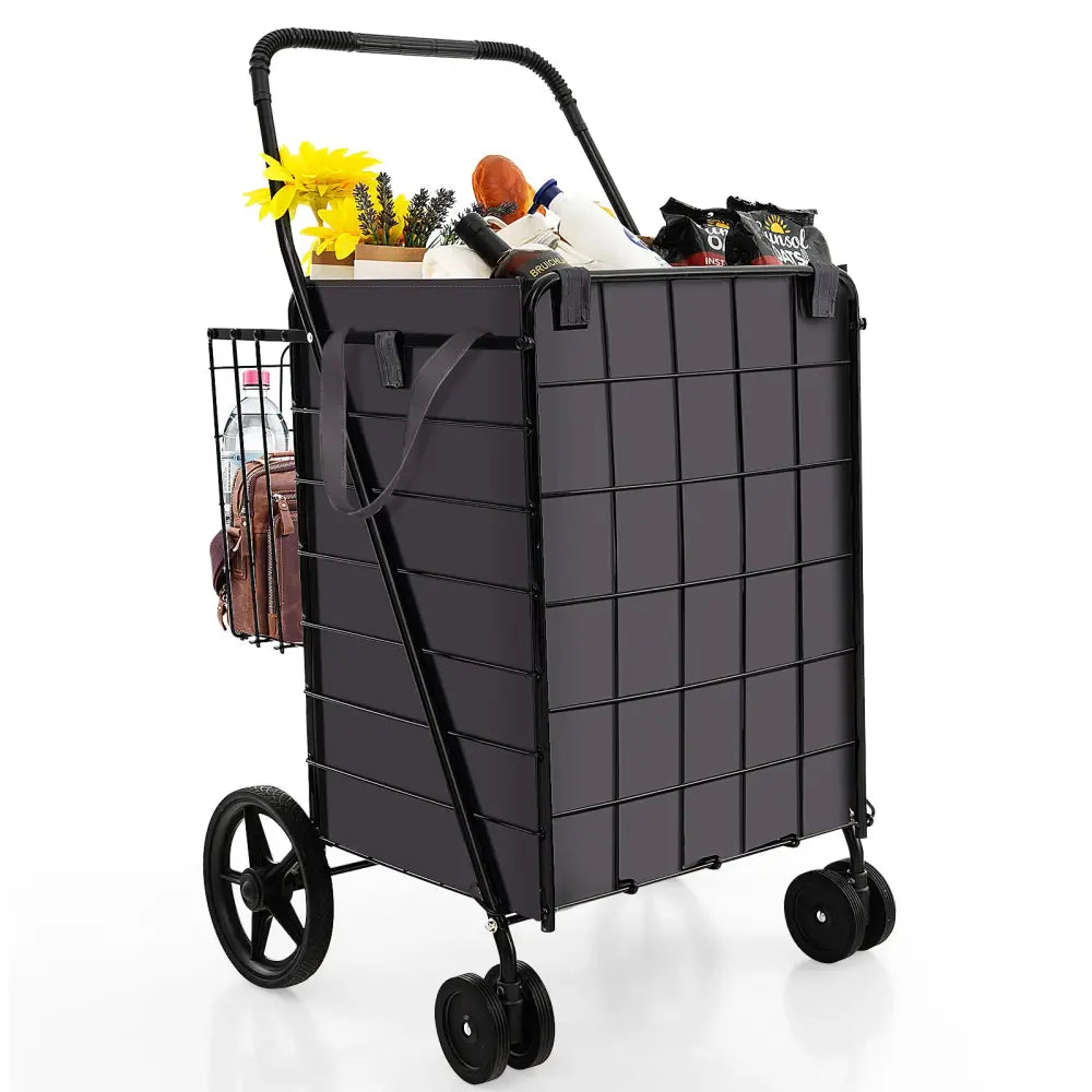 Folding Rolling Shopping Cart with Waterproof Liner and Basket-Black - Black - Kitchen Tools