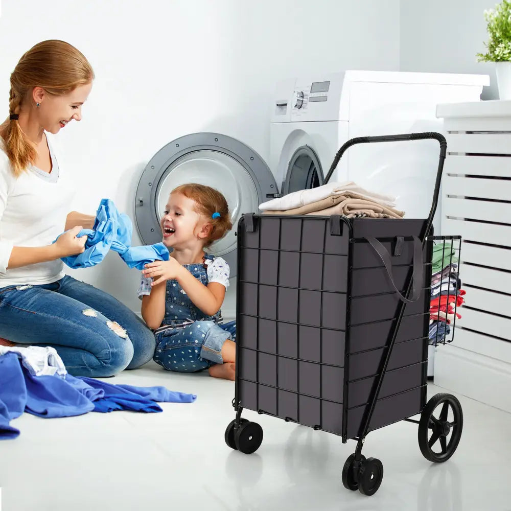 Folding Rolling Shopping Cart with Waterproof Liner and Basket-Black - Black - Kitchen Tools