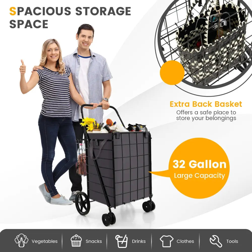 Folding Rolling Shopping Cart with Waterproof Liner and Basket-Black - Black - Kitchen Tools