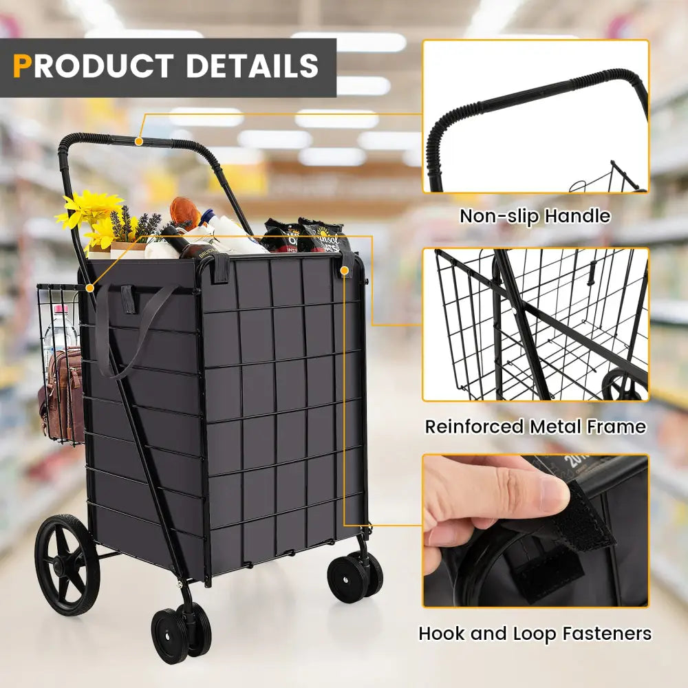 Folding Rolling Shopping Cart with Waterproof Liner and Basket-Black - Black - Kitchen Tools