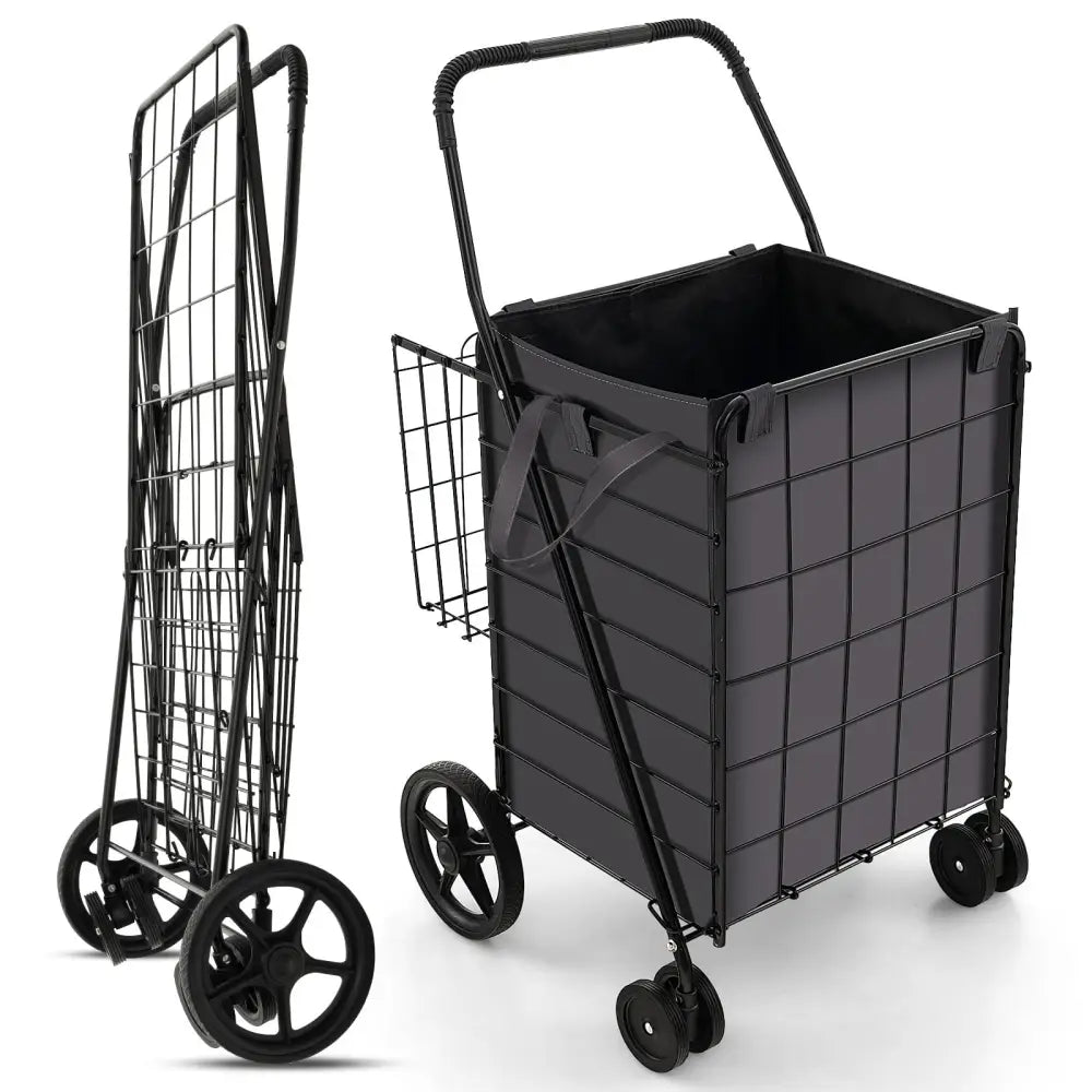 Folding Rolling Shopping Cart with Waterproof Liner and Basket-Black - Black - Kitchen Tools