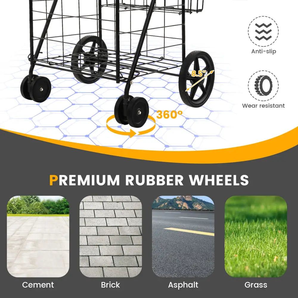 Folding Rolling Shopping Cart with Waterproof Liner and Basket-Black - Black - Kitchen Tools