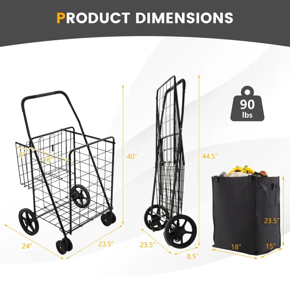 Folding Rolling Shopping Cart with Waterproof Liner and Basket-Black - Black - Kitchen Tools