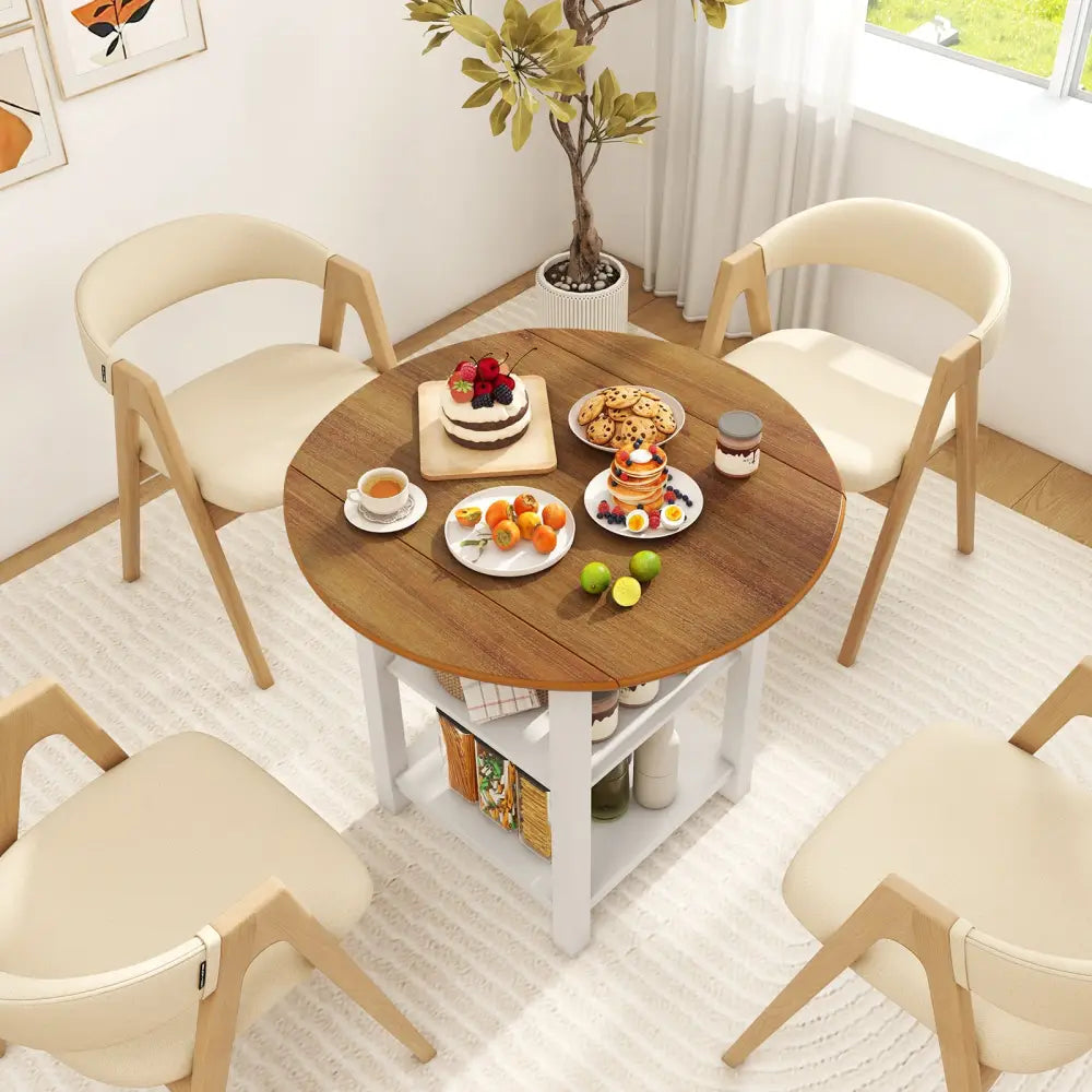 Folding Round Dining Table Drop Leaf Table with 2 Shelves for Small Spaces-White - White - Dining Tables