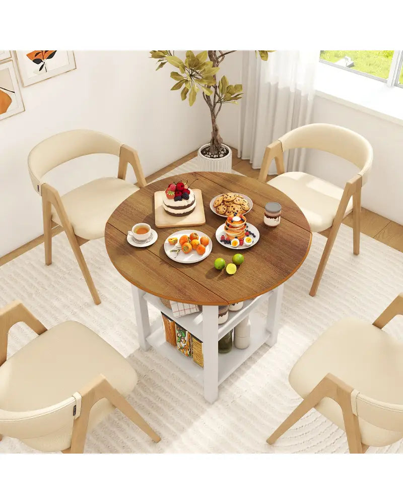 Folding Round Dining Table Drop Leaf Table with 2 Shelves for Small Spaces-White - White - Dining Tables