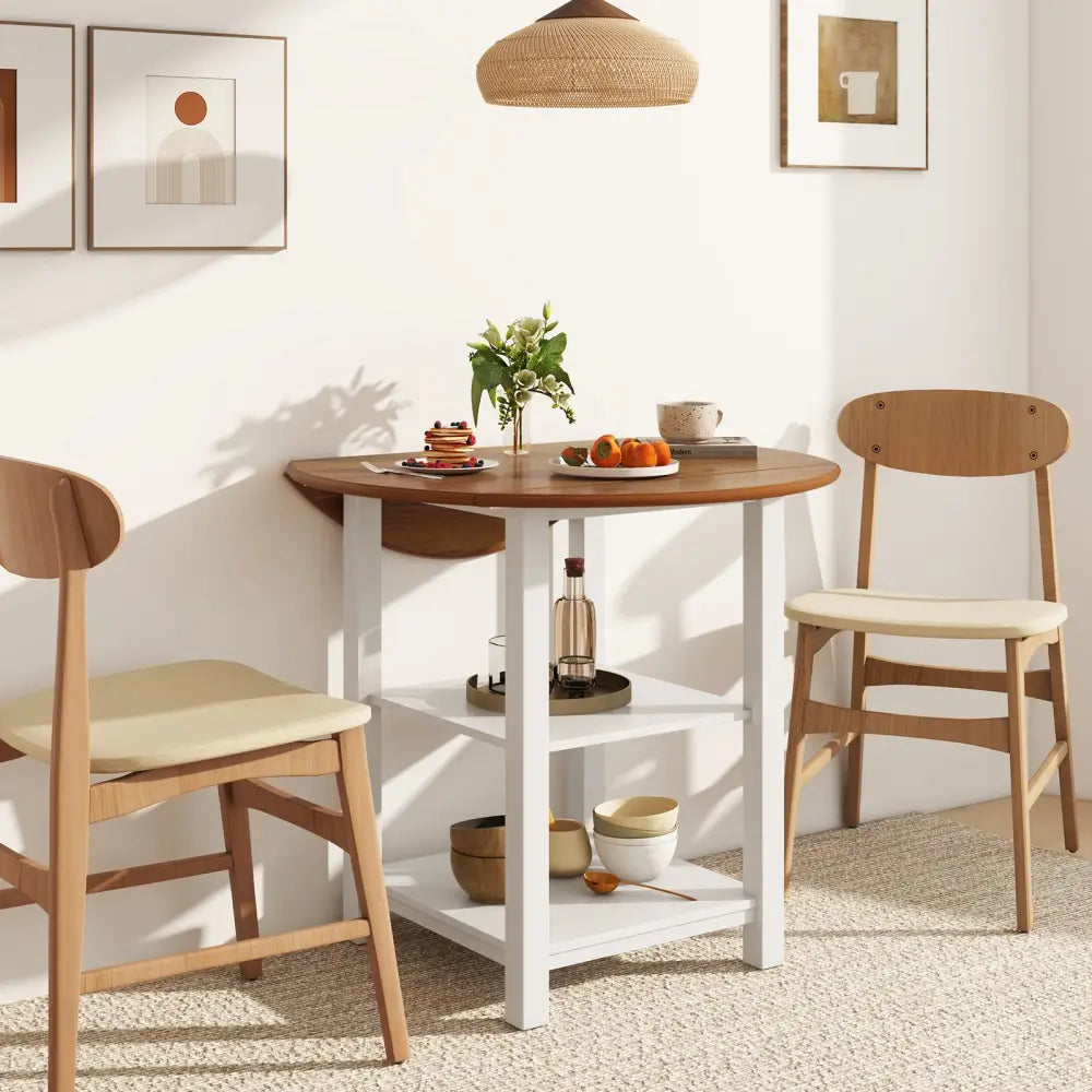 Folding Round Dining Table Drop Leaf Table with 2 Shelves for Small Spaces-White - White - Dining Tables