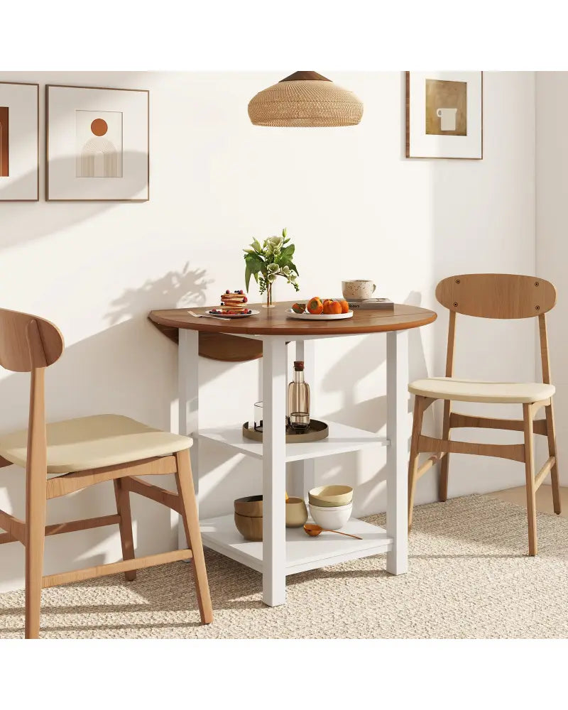 Folding Round Dining Table Drop Leaf Table with 2 Shelves for Small Spaces-White - White - Dining Tables