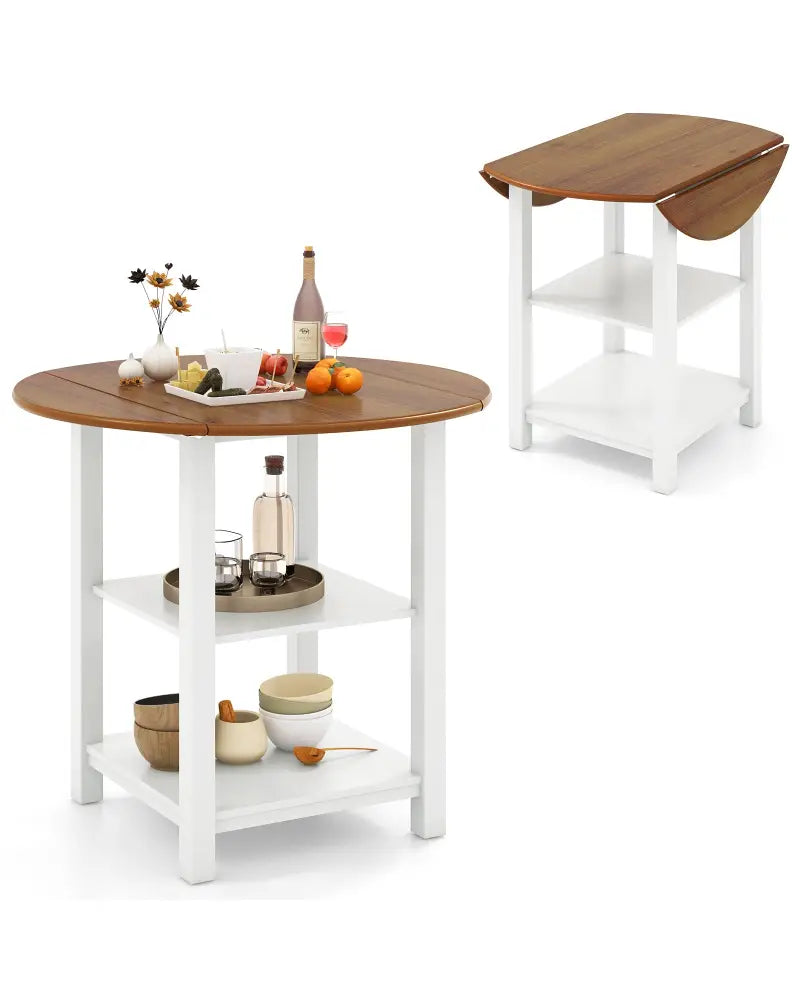 Folding Round Dining Table Drop Leaf Table with 2 Shelves for Small Spaces-White - White - Dining Tables