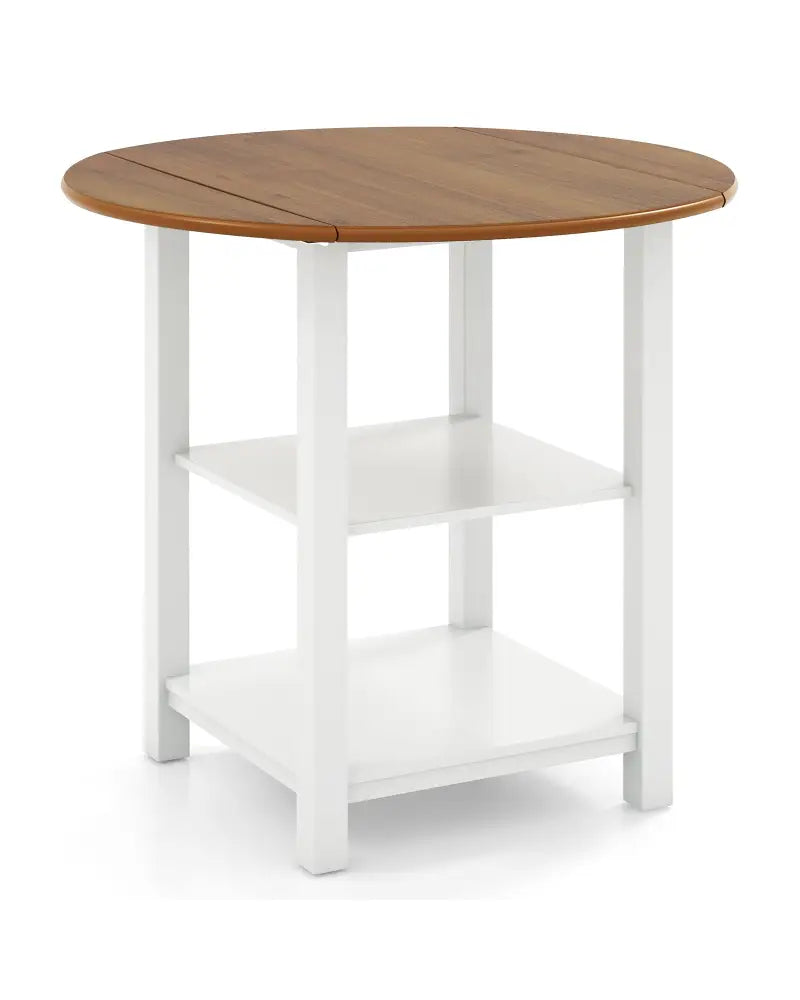 Folding Round Dining Table Drop Leaf Table with 2 Shelves for Small Spaces-White - White - Dining Tables