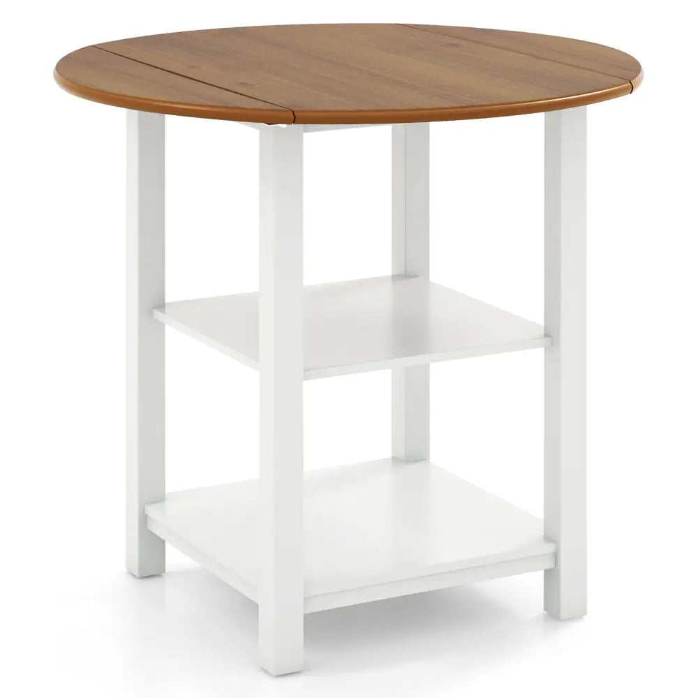 Folding Round Dining Table Drop Leaf Table with 2 Shelves for Small Spaces-White - White - Dining Tables