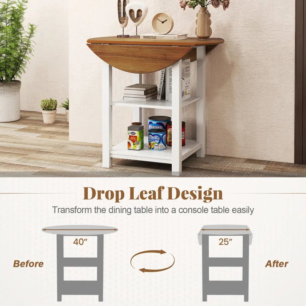 Folding Round Dining Table Drop Leaf Table with 2 Shelves for Small Spaces-White - White - Dining Tables