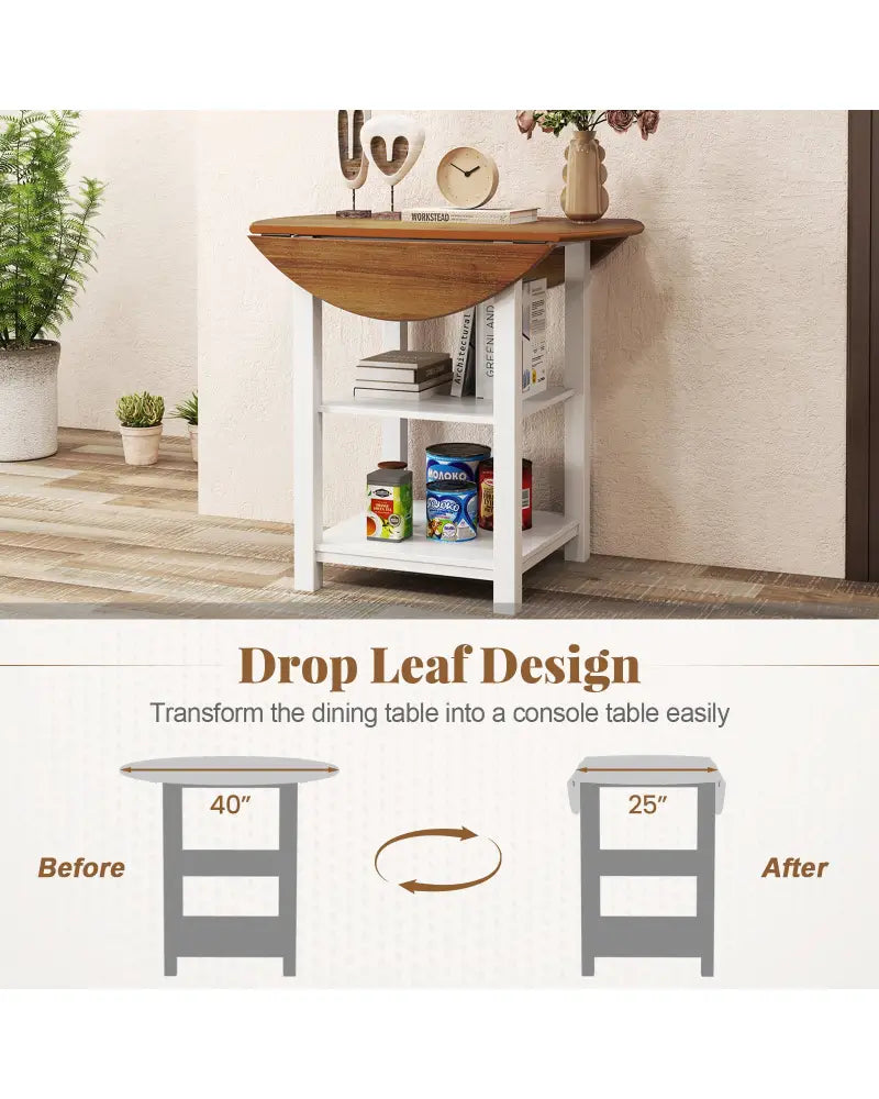 Folding Round Dining Table Drop Leaf Table with 2 Shelves for Small Spaces-White - White - Dining Tables