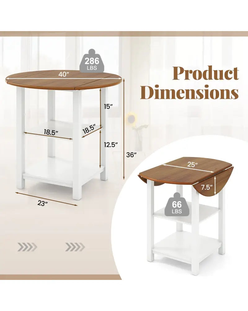 Folding Round Dining Table Drop Leaf Table with 2 Shelves for Small Spaces-White - White - Dining Tables