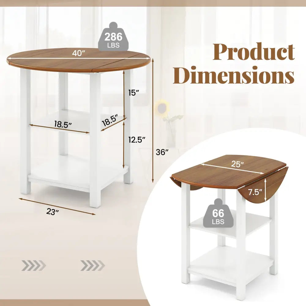 Folding Round Dining Table Drop Leaf Table with 2 Shelves for Small Spaces-White - White - Dining Tables