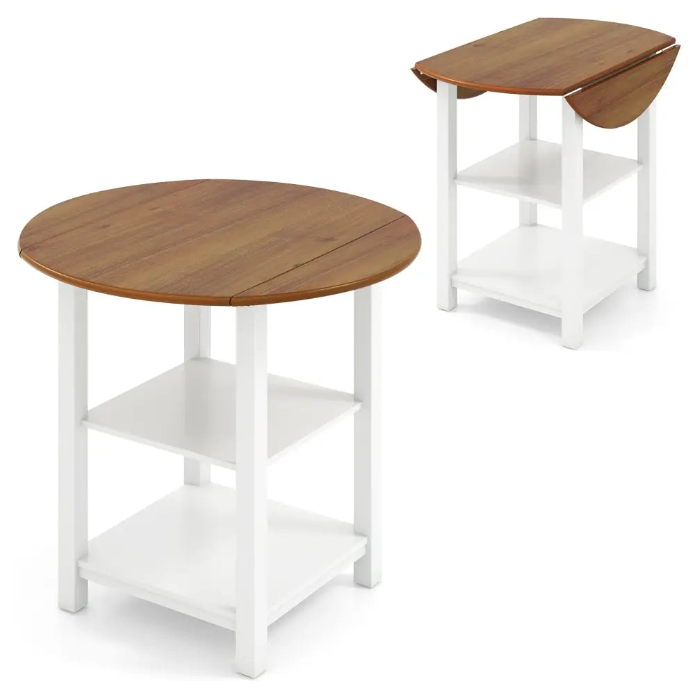 Folding Round Dining Table Drop Leaf Table with 2 Shelves for Small Spaces-White - White - Dining Tables