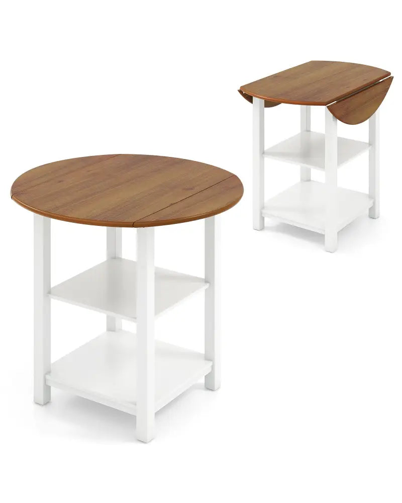 Folding Round Dining Table Drop Leaf Table with 2 Shelves for Small Spaces-White - White - Dining Tables