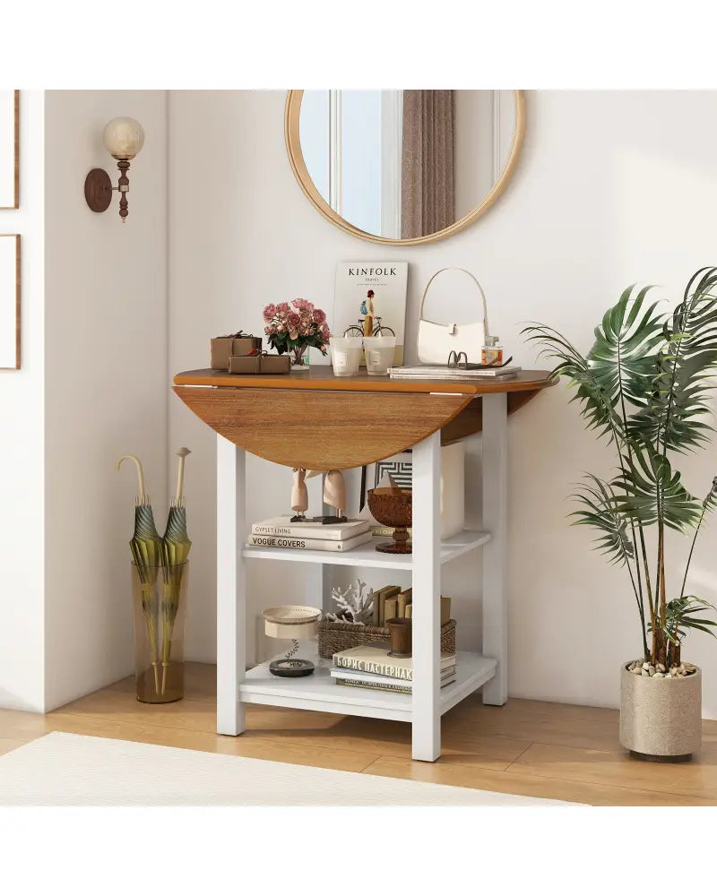 Folding Round Dining Table Drop Leaf Table with 2 Shelves for Small Spaces-White - White - Dining Tables