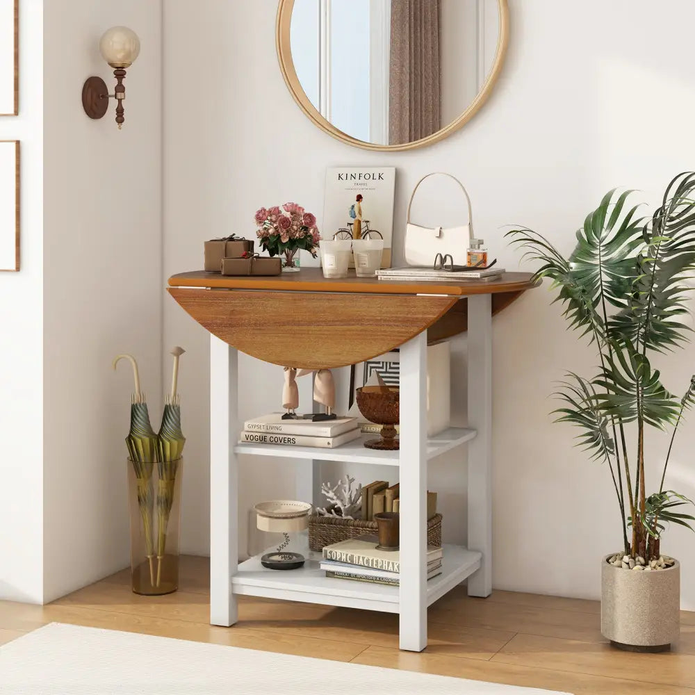 Folding Round Dining Table Drop Leaf Table with 2 Shelves for Small Spaces-White - White - Dining Tables