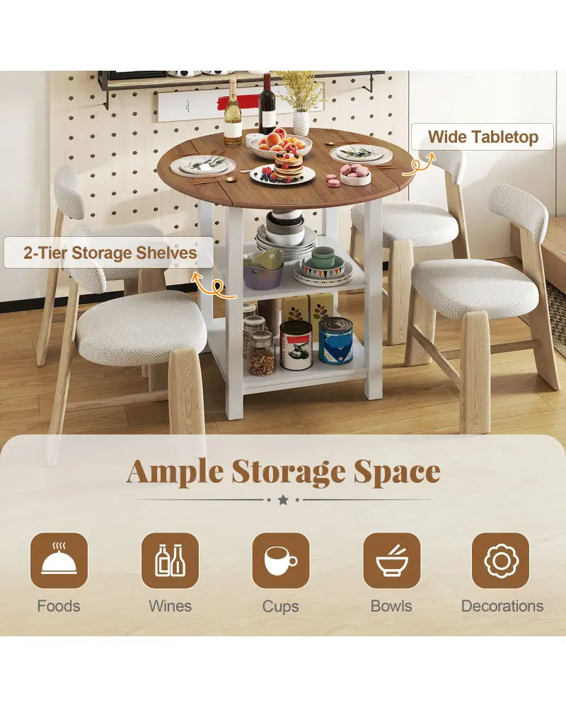 Folding Round Dining Table Drop Leaf Table with 2 Shelves for Small Spaces-White - White - Dining Tables