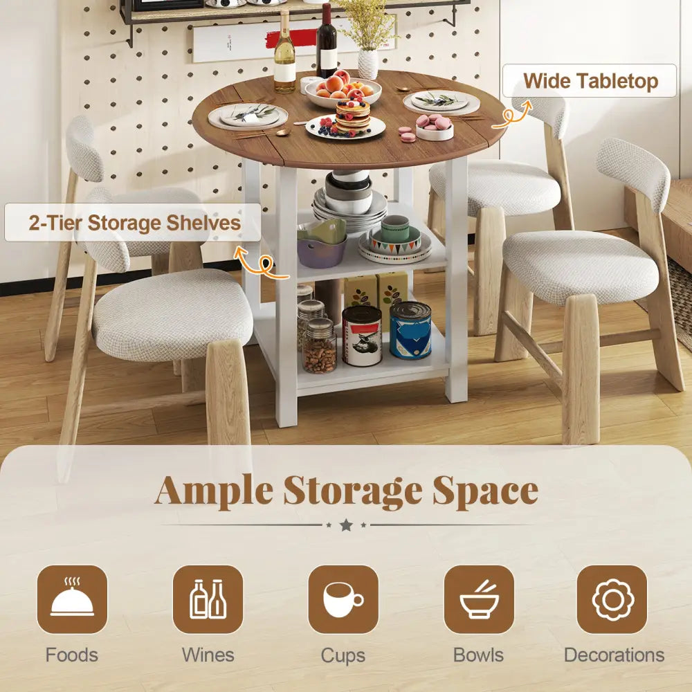 Folding Round Dining Table Drop Leaf Table with 2 Shelves for Small Spaces-White - White - Dining Tables