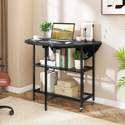 Folding Round Dining Table with Lockable Wheels-Black - Black - Dining Tables
