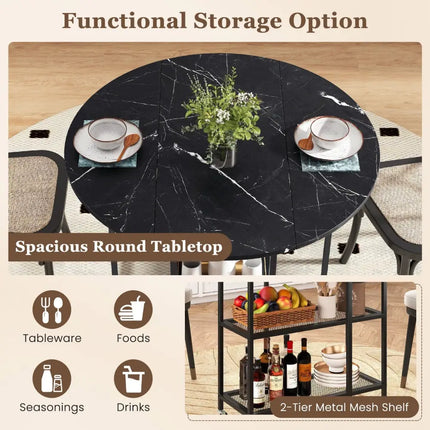 Folding Round Dining Table with Lockable Wheels-Black - Black - Dining Tables