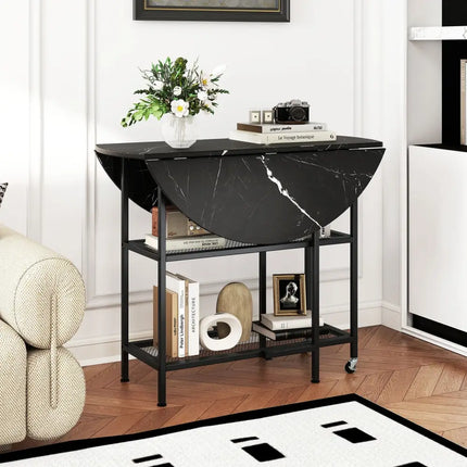Folding Round Dining Table with Lockable Wheels-Black - Black - Dining Tables