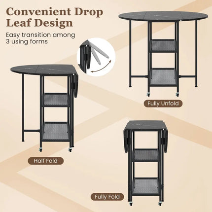 Folding Round Dining Table with Lockable Wheels-Black - Black - Dining Tables