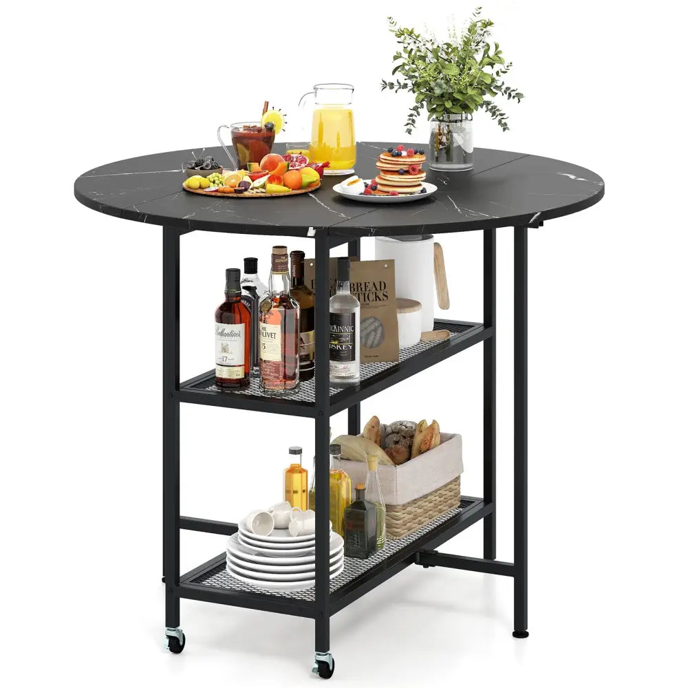 Folding Round Dining Table with Lockable Wheels-Black - Black - Dining Tables