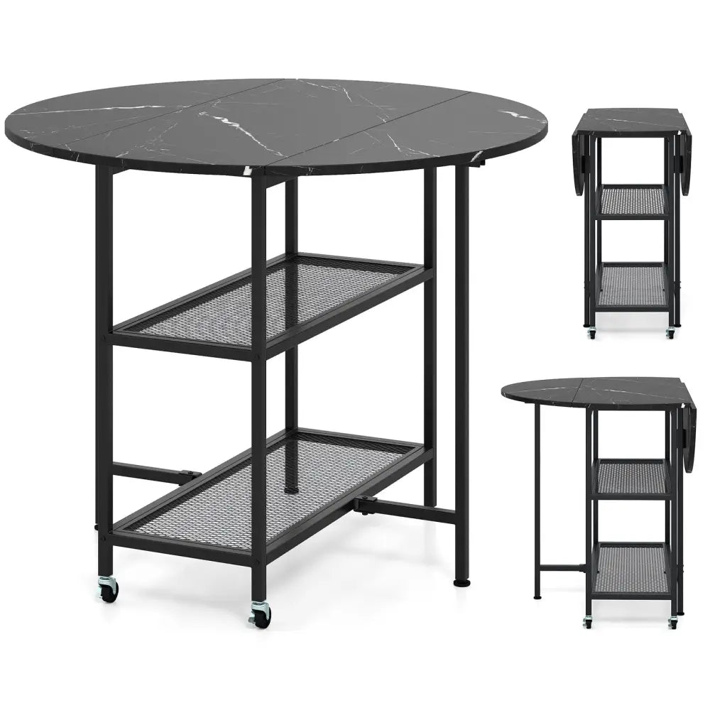 Folding Round Dining Table with Lockable Wheels-Black - Black - Dining Tables