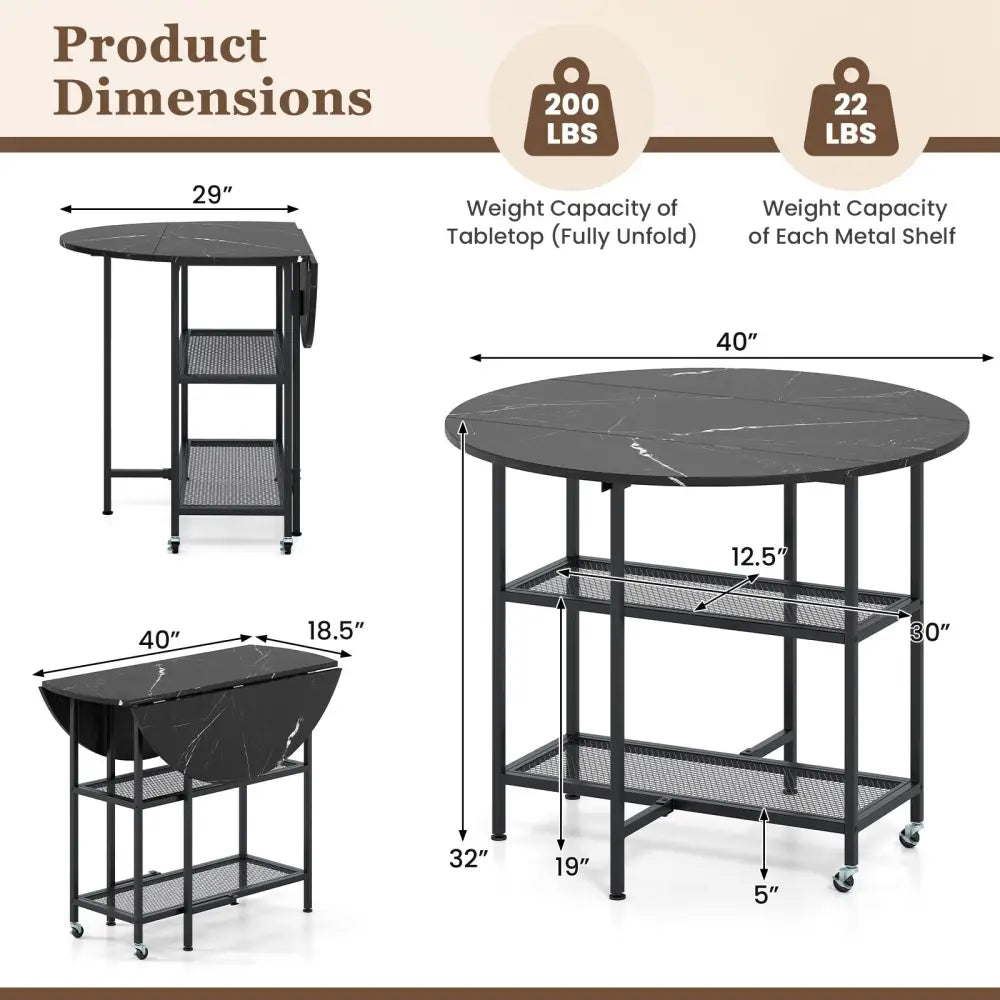 Folding Round Dining Table with Lockable Wheels-Black - Black - Dining Tables