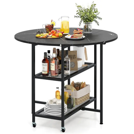 Folding Round Dining Table with Lockable Wheels-Black - Black - Dining Tables