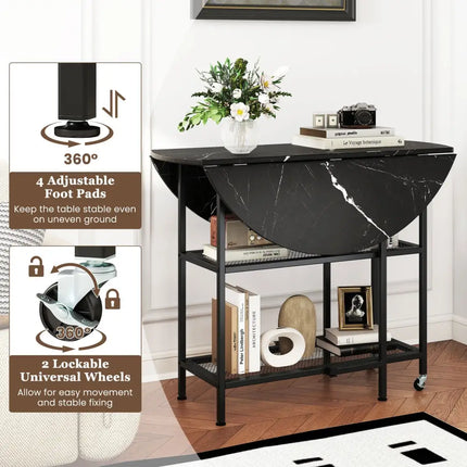 Folding Round Dining Table with Lockable Wheels-Black - Black - Dining Tables