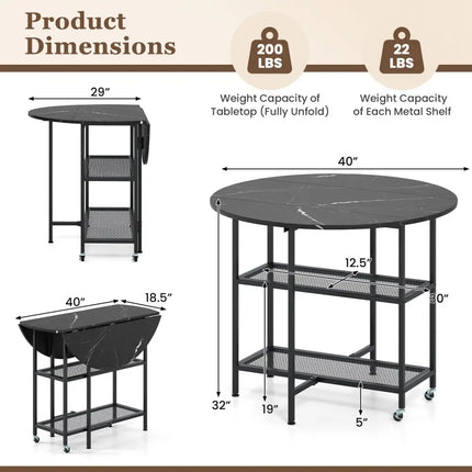 Folding Round Dining Table with Lockable Wheels-Black - Black - Dining Tables