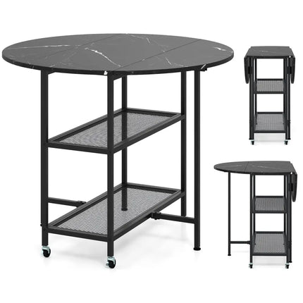Folding Round Dining Table with Lockable Wheels-Black - Black - Dining Tables