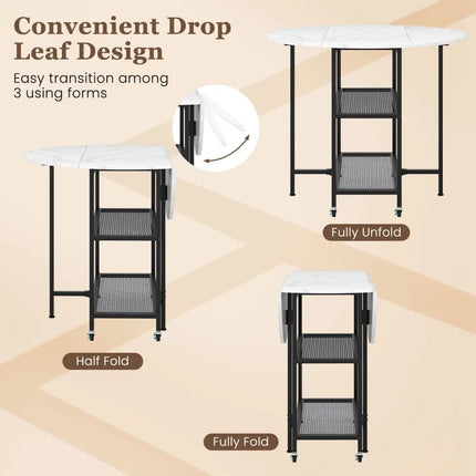 Folding Round Dining Table with Lockable Wheels-White - White - Dining Tables